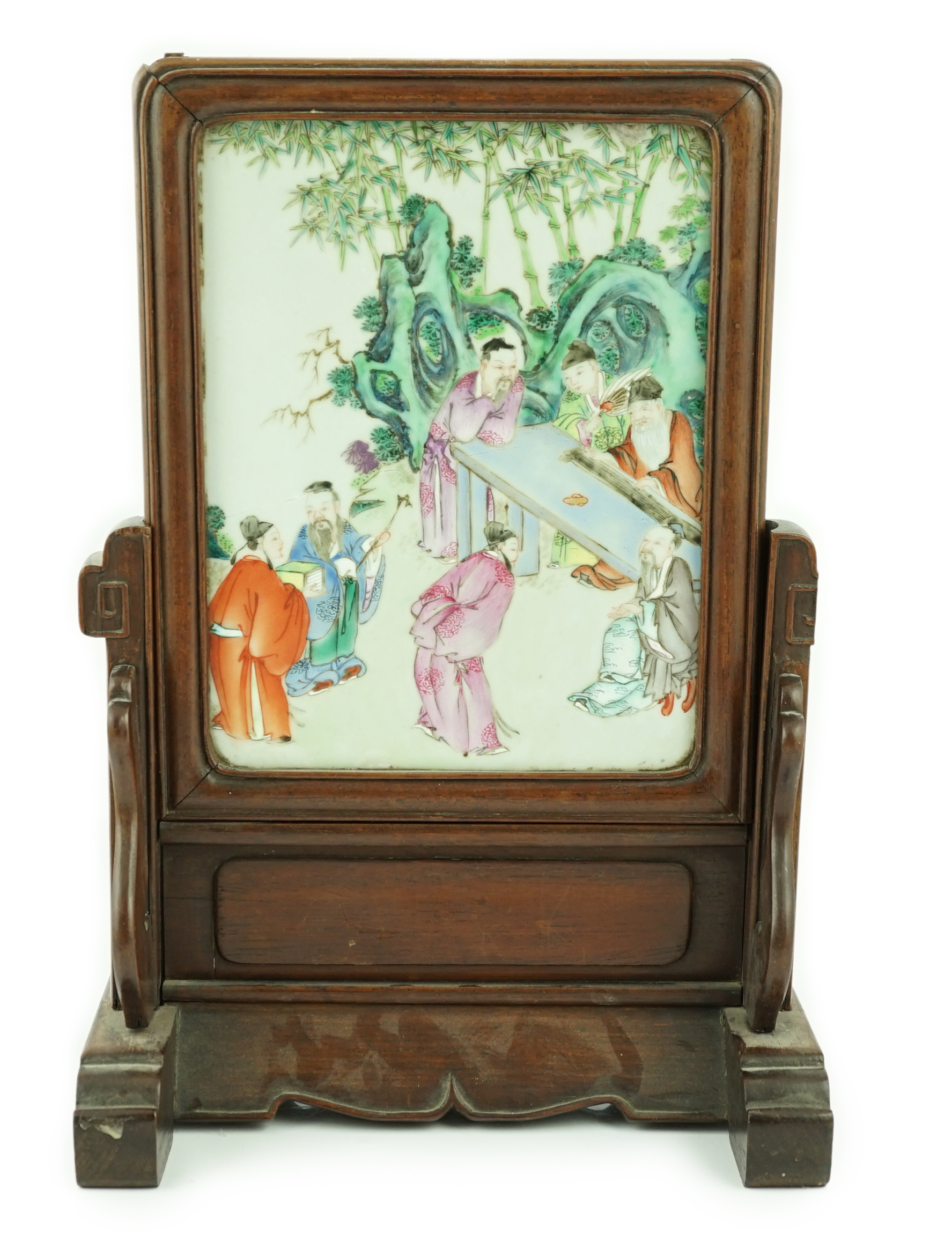 A Chinese famille rose porcelain mounted hongmu framed table screen, 19th century, some damage